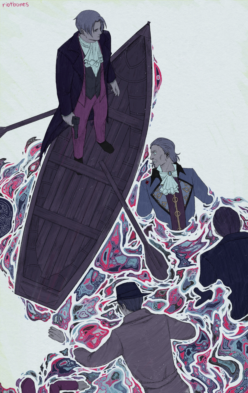 4boys absurdres afloat ascot boat coat from_above gregory_edgeworth gun gyakuten_saiban hair_slicked_back hat highres holding holding_gun holding_weapon male_focus manfred_von_karma miles_edgeworth multiple_boys parted_bangs partially_submerged phoenix_wright:_ace_attorney riotbones standing surreal watercraft weapon yanni_yogi