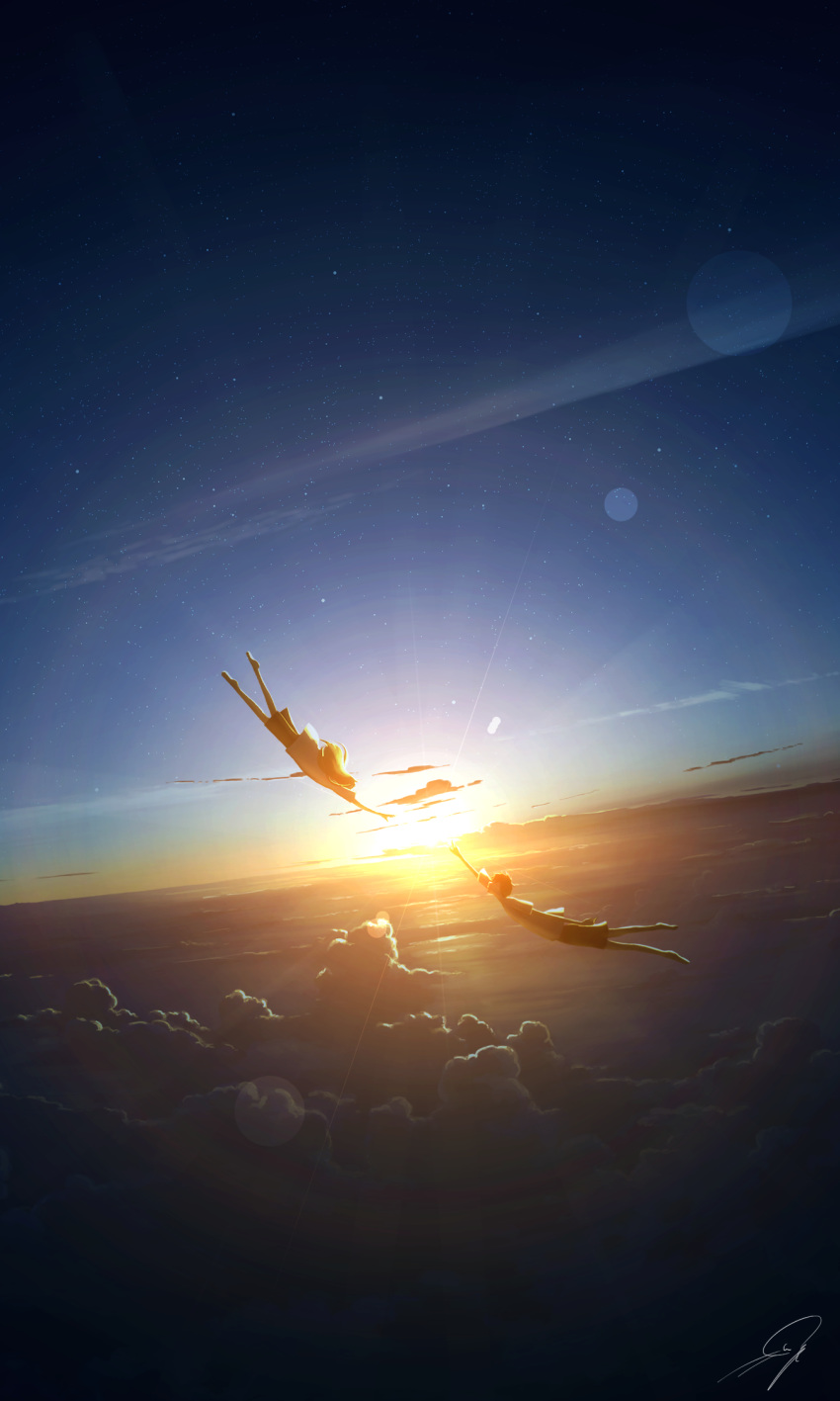 1boy above_clouds arm_at_side barefoot black_hair blue_sky blurry bokeh cloud commentary_request dark_clouds daybreak_frontline_(vocaloid) depth_of_field dutch_angle faceless faceless_female faceless_male falling fantasy female floating_hair from_side gradient_sky highres horizon imminent_hand_holding lens_flare light_rays long_hair looking_at_another looking_up nengoro night night_sky orange_sky original outstretched_hand profile reaching scenery shirt short_sleeves shorts signature sky star_(sky) starry_sky sun sun_halo sunlight sunrise white_shirt wide_shot