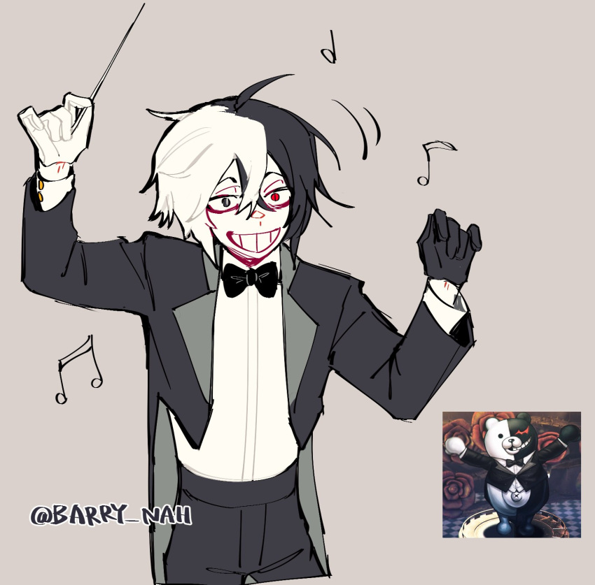 1boy ahoge bangs barry_nah baton_(conducting) black_bow black_bowtie black_eyes black_gloves black_jacket black_pants bow bowtie conductor cowboy_shot cropped_legs danganronpa_(series) danganronpa_v3:_killing_harmony derivative_work gloves grin hair_between_eyes hands_up heterochromia highres holding jacket long_sleeves male_focus monokuma musical_note pants personification red_eyes reference_inset shirt shirt_tucked_in short_hair smile solo teeth twitter_username white_eyes white_shirt