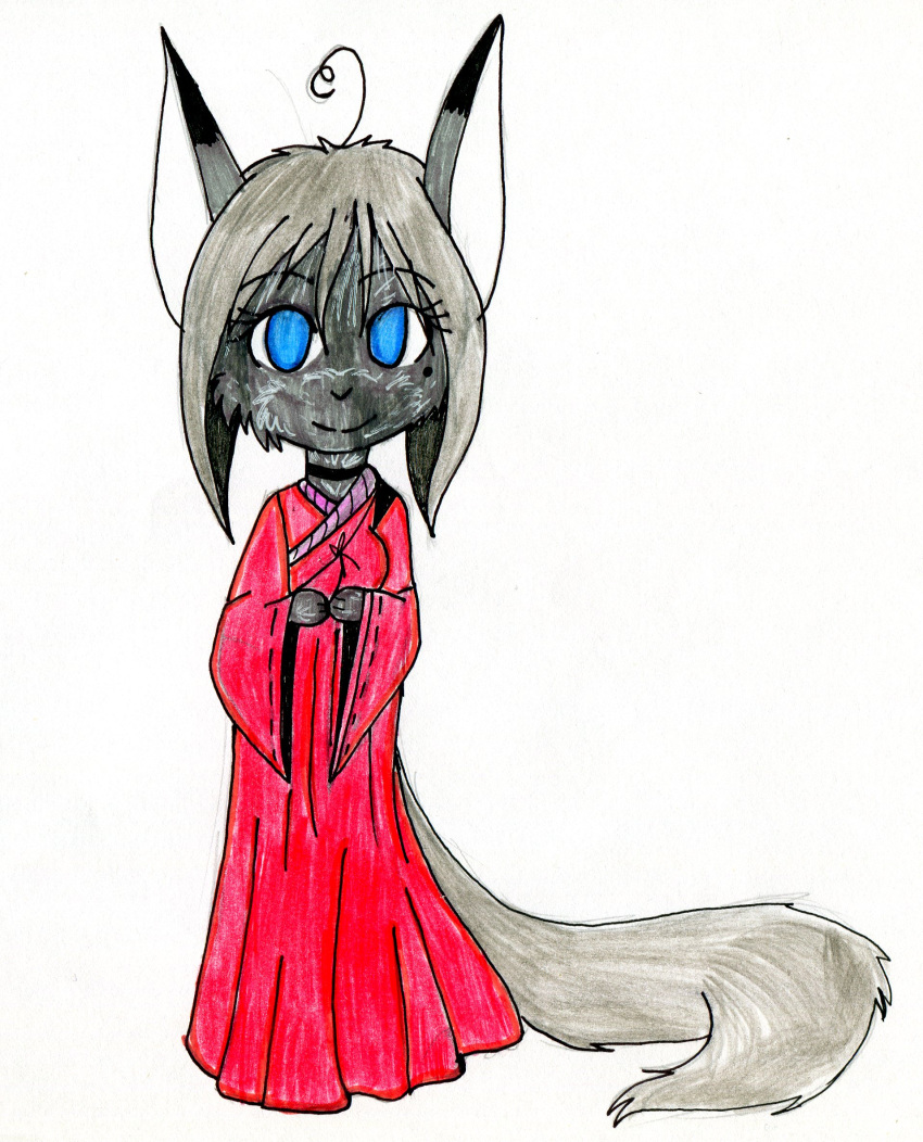 ahoge black_body blue_eyes canid canine clothing dress fox frock hair hi_res long_tail looking_at_viewer mammal selinatc tail traditional_media_(artwork)