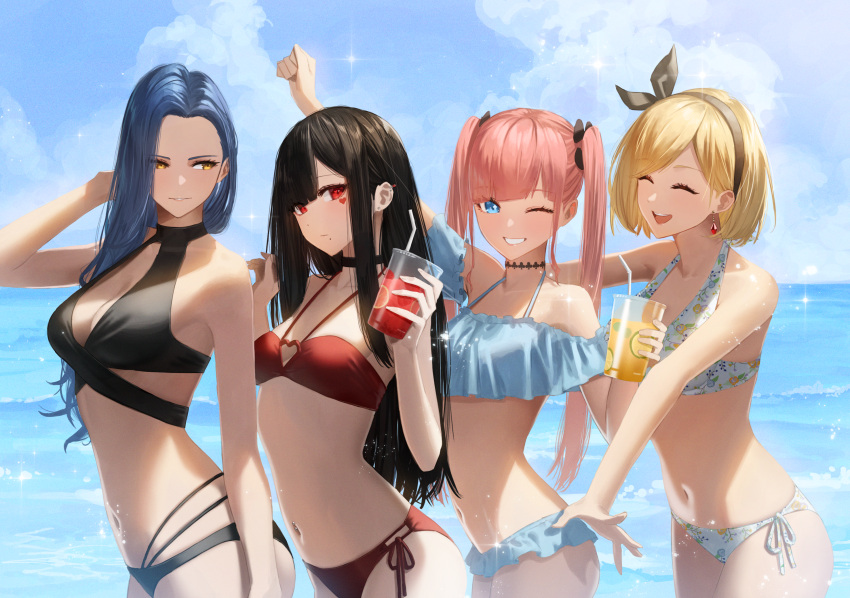 4girls bikini black_hair blonde_hair blue_eyes blue_hair breasts cleavage closed_eyes collar collarbone commentary earrings enokawa_kokoro_(hara_kenshi) frilled_bikini frills hara_kenshi heart heart-shaped_pupils highres jewelry kimishima_touka kunitomi_ryouka kuroba_mitsuha large_breasts long_hair medium_breasts multiple_girls navel o-ring o-ring_bikini off-shoulder_bikini off_shoulder one_eye_closed original outdoors pink_hair red_eyes short_hair smile swimsuit symbol-shaped_pupils twintails yellow_eyes