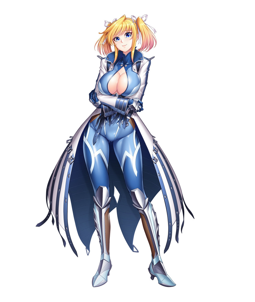 absurdres armor armored_boots belt blonde_hair blue_eyes bodysuit boots breasts buckle cleavage closed_mouth coat commentary_request crossed_arms eyebrows female fishnets full_body gloves hair_between_eyes hair_ribbon high_heel_boots high_heels highres large_breasts long_sleeves looking_at_viewer ninja official_art open_clothes open_coat pointy_ears ribbon shinganji_kurenai shiny_clothes short_twintails simple_background skin_tight smile solo standing taimanin_(series) taimanin_asagi_kessen_arena taimanin_kurenai turtleneck twintails zol