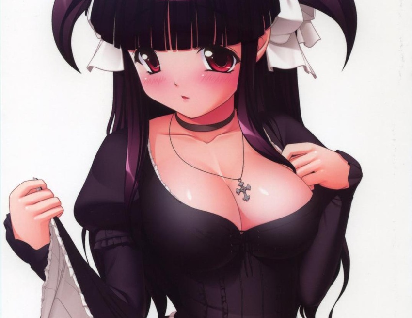 blunt_bangs blush breasts cleavage copyright_request cross cross_fleury female kirin_kakeru large_breasts latin_cross long_hair purple_hair red_eyes solo tareme twintails