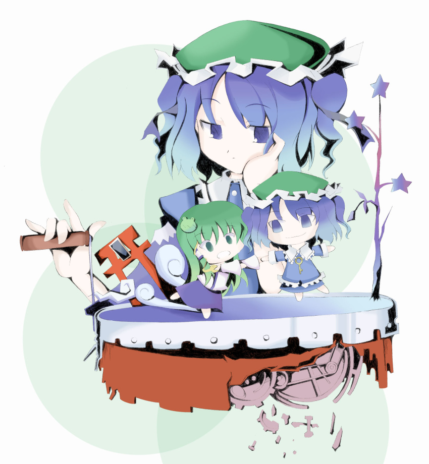 blue_hair character_doll commentary_request doll female green_hair hat highres kawashiro_nitori kochiya_sanae long_hair short_hair touhou two_side_up wamushi