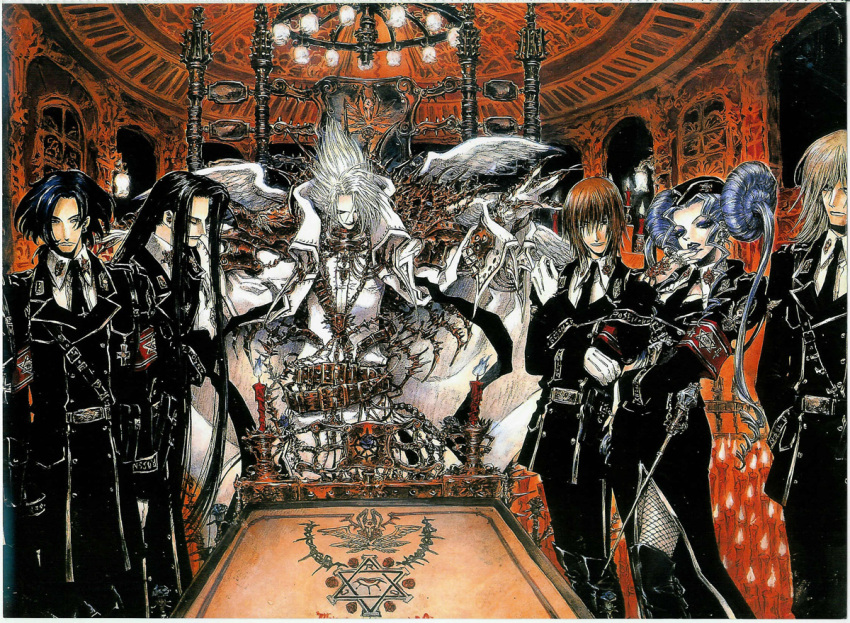 5boys abel_nightroad balthasar_von_neumann belt black_hair blonde_hair blue_hair brown_hair buckle cain_nightroad chandelier closed_eyes dietrich_von_lohengrin female gloves helga_von_vogelweide hexagram indoors isaak_fernand_von_kampfer lamp long_hair long_sleeves looking_at_viewer melchior_von_neumann multiple_boys official_art outstretched_arms pants photoshop_(medium) radu_barvon rapier scan sheath sheathed shibamoto_thores standing sword trinity_blood uniform very_long_hair weapon white_gloves white_hair wings