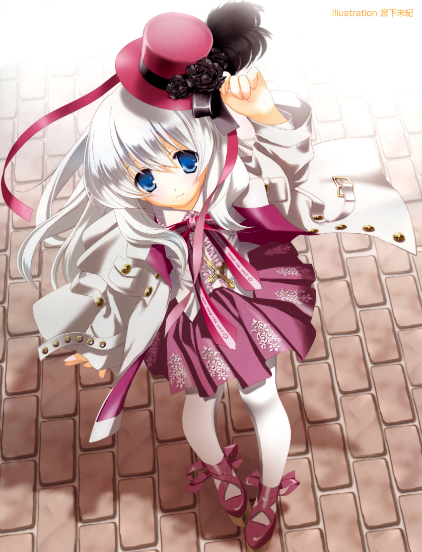 absurdres blue_eyes coat copyright_request cross cross_fleury dress female flower hat hat_tip highres latin_cross long_hair mini_hat mini_top_hat miyashita_miki pantyhose photoshop_(medium) solo top_hat white_hair