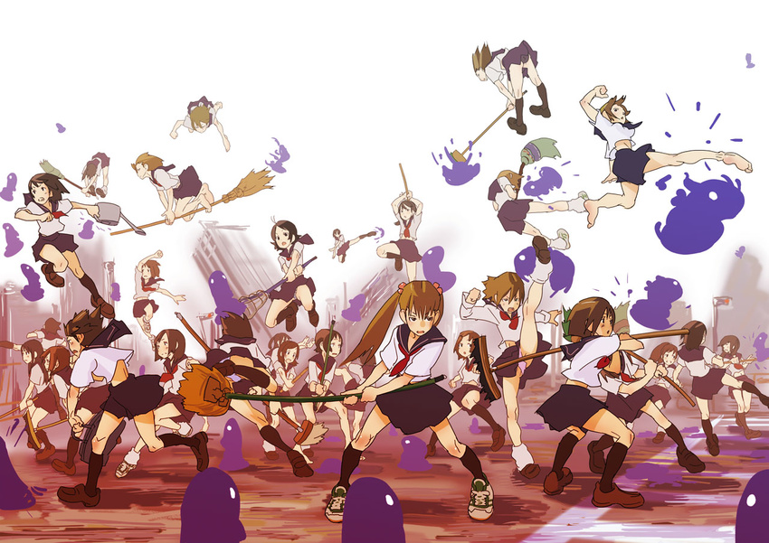 6+girls barefoot broom brown_hair commentary_request copyright_request kicking kyoudyu lacrosse_stick loose_socks midriff multiple_girls panties photoshop_(medium) school_uniform serafuku shoes skirt socks twintails underwear watering_can