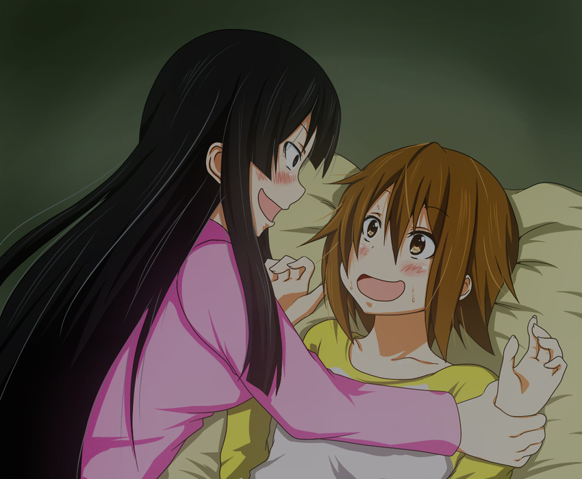 2girls :d akiyama_mio black_hair blush brown_eyes brown_hair commentary_request hair_down hime_cut holding_another's_wrist k-on! long_hair multiple_girls open_mouth rape_face samuraichamp short_hair smile tainaka_ritsu you_gonna_get_raped yuri