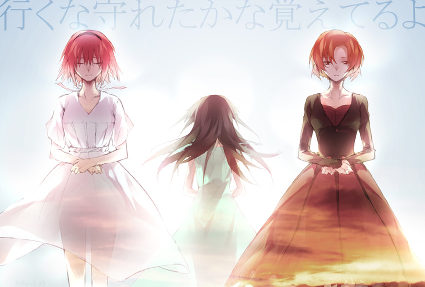 0731sa 3girls black_dress blue_dress brown_eyes canon_memphis closed_eyes collarbone commentary_request dress hairband hazama_shouko highres long_hair long_sleeves multiple_girls orange_hair red_hair ribbon see-through short_hair soukyuu_no_fafner spoilers toomi_maya translation_request white_dress