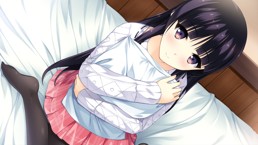 absurdres bed black_hair blush dutch_angle feet female game_cg habane_kotori highres kono_oozora_ni_tsubasa_wo_hirogete long_hair looking_at_viewer no_shoes pantyhose pillow pillow_hug purple_eyes purple_hair sitting skirt smile solo yashima_takahiro