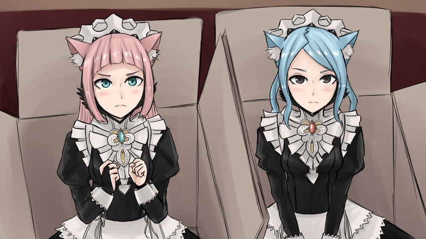 2girls animal_ears bangs blue_eyes blue_hair blush box brown_eyes cat_ears cryopon felicia_(fire_emblem_if) fire_emblem fire_emblem_if flora_(fire_emblem_if) looking_at_viewer maid maid_headdress multiple_girls nekopara parody pink_hair siblings sidelocks sisters