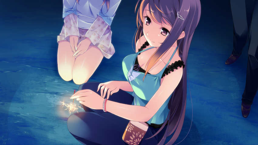 2girls absurdres breasts brown_eyes brown_hair cleavage collarbone feet game_cg highres kneeling kono_oozora_ni_tsubasa_wo_hirogete large_breasts legs long_hair looking_down multiple_girls shoes skirt smile squatting standing thighs yashima_takahiro