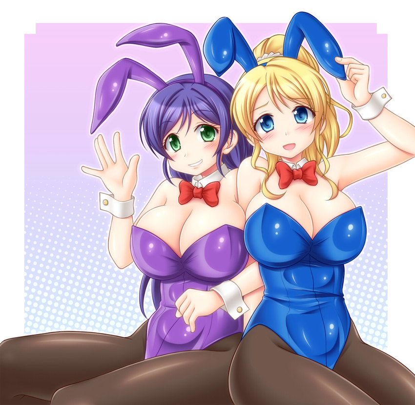 2girls animal_ears ayase_eli blonde_hair blue_eyes bow bowtie breasts commentary_request detached_collar green_eyes highres long_hair love_live! love_live!_school_idol_project multiple_girls pantyhose playboy_bunny ponytail purple_hair rabbit_ears tojo_nozomi twintails utomo waving wrist_cuffs