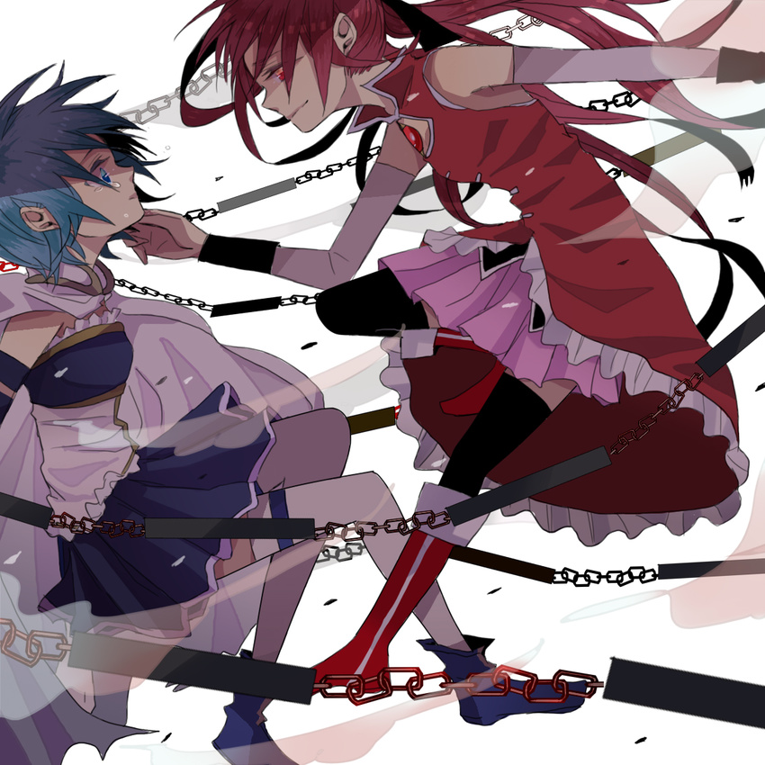 2girls asou_(zone54) bad_id bad_pixiv_id bare_shoulders blue_eyes blue_hair boots cape detached_sleeves grabbing_another's_chin hand_on_another's_chin long_hair magical_girl mahou_shoujo_madoka_magica mahou_shoujo_madoka_magica_(anime) miki_sayaka miki_sayaka_(magical_girl) multiple_girls photoshop_(medium) ponytail red_eyes red_hair sakura_kyoko sakura_kyoko_(magical_girl) short_hair smile tears thighhighs weapon yuri