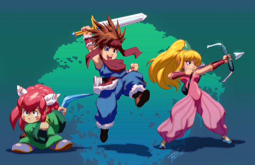 2boys aiming androgynous arrow baggy_pants blonde_hair blue_eyes boomerang bow_(weapon) earrings facepaint feathers female hair_feathers headband highres jewelry long_hair multiple_boys pants pointy_ears pointy_shoes ponytail popoie purim randi red_hair robaato robert_porter scarf seiken_densetsu seiken_densetsu_2 spiked_hair square_enix sword vambraces weapon