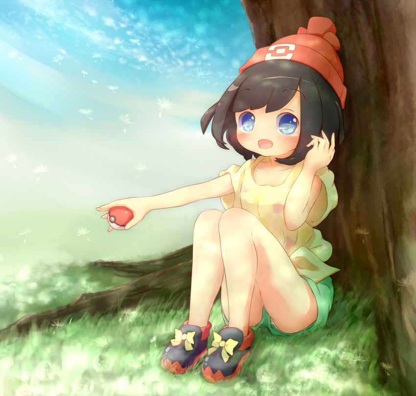 22m arm_up beanie black_hair blue_eyes blue_sky cloud collarbone day eyebrows_visible_through_hair female female full_body grass green_shorts hand_up hat highres holding_poke_ball looking_at_viewer mizuki_(pokemon_sm) open_mouth outdoors outstretched_arm panties pantyshot pantyshot_(sitting) poke_ball pokemon pokemon_(game) pokemon_sm red_footwear red_hat shirt shoes short_hair short_shorts short_sleeves shorts sitting sky smile solo tree underwear upshorts white_panties yellow_shirt