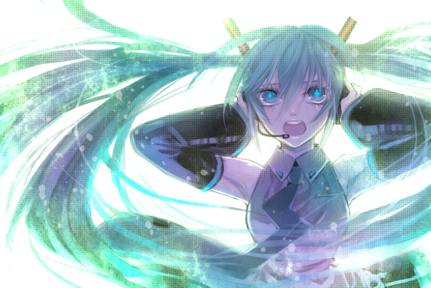 +_+ aqua_eyes aqua_hair commentary_request detached_sleeves female hatsune_miku headphones headset long_hair music open_mouth sakamoto_akira singing solo tears twintails very_long_hair vocaloid