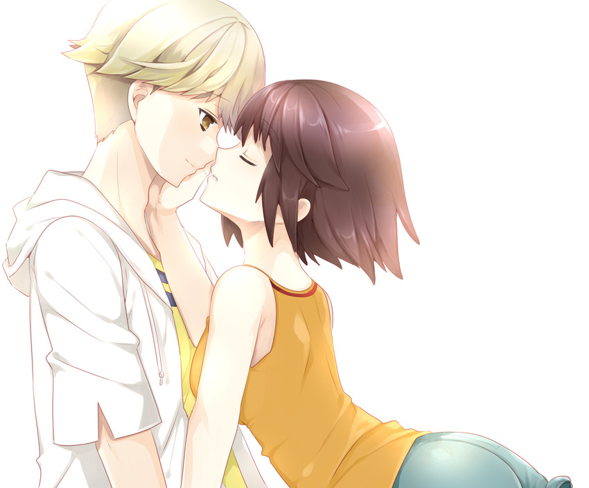 1boy ass bad_id bad_pixiv_id bare_shoulders blonde_hair brown_eyes brown_hair closed_eyes couple face-to-face female finger_marks grey_eyes hood hoodie imminent_kiss kaburagi_sui looking_at_another nishio_rina ootani_mikoto open_mouth short_hair shorts smile soukyuu_no_fafner straight tank_top