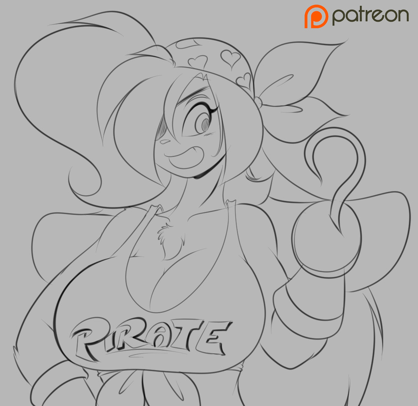 2016 anthro big_breasts big_ears breasts cleavage clothed clothing english_text female floppy_ears fur hair huge_breasts lagomorph leporid long_ears long_hair mammal mastergodai monochrome patreon patreon_logo pirate rabbit rascals reiko_usagi shirt solo text topwear website_logo