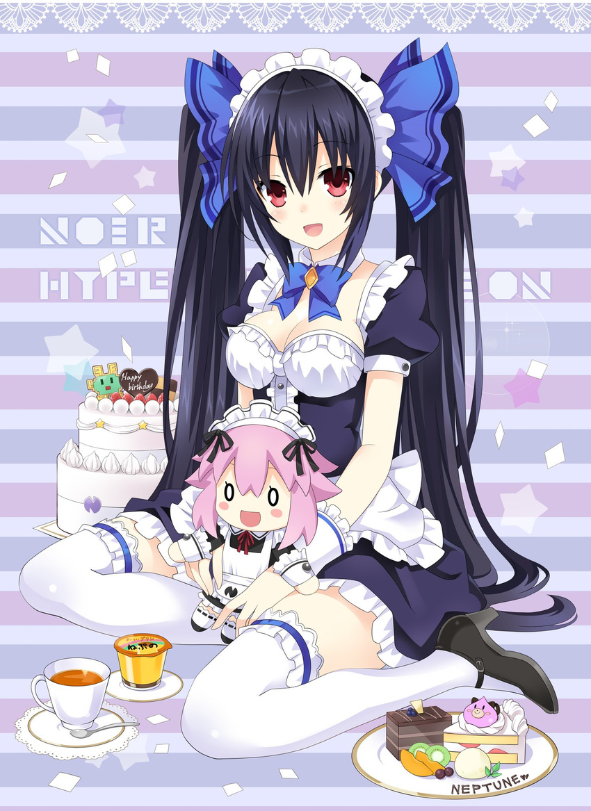 :d apron black_footwear black_hair blue_dress blue_ribbon blush breasts cake character_doll character_name cleavage commentary_request cup detached_collar doll dress female food frilled_apron frilled_cuffs frilled_dress frilled_thighhighs frills full_body hair_ribbon high_heels highres holding holding_doll long_hair looking_at_viewer maid maid_apron maid_headdress medium_breasts neptune_(neptunia) neptune_(series) noire_(neptunia) open_mouth pudding red_eyes ribbon sitting smile solo striped striped_background tea teacup thighhighs twintails very_long_hair white_thighhighs wrist_cuffs zero_(ray_0805)