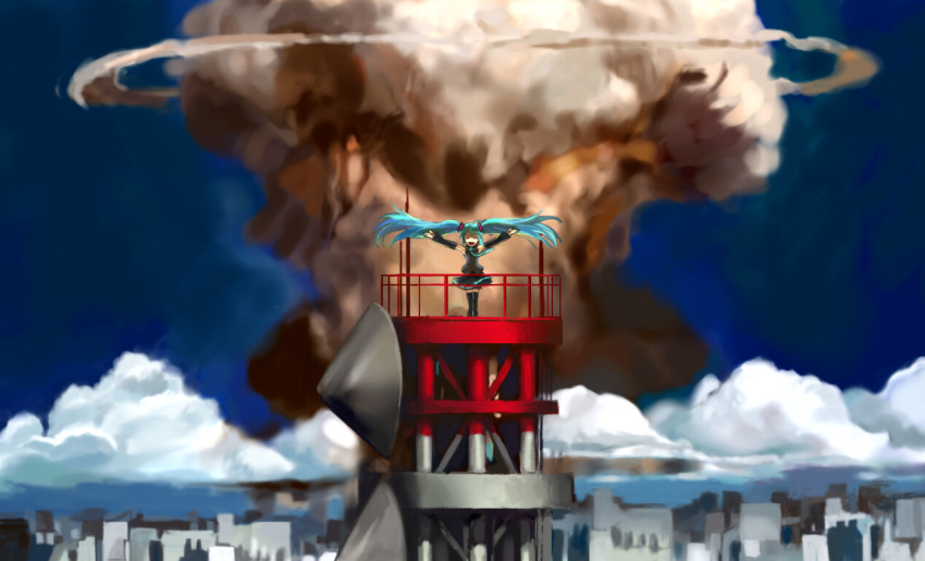 bad_id bad_pixiv_id cityscape explosion female hatsune_miku long_hair mousou_dairinin mushroom_cloud nuclear_weapon parody pepepe_(pixiv44901) scenery solo twintails very_long_hair vocaloid