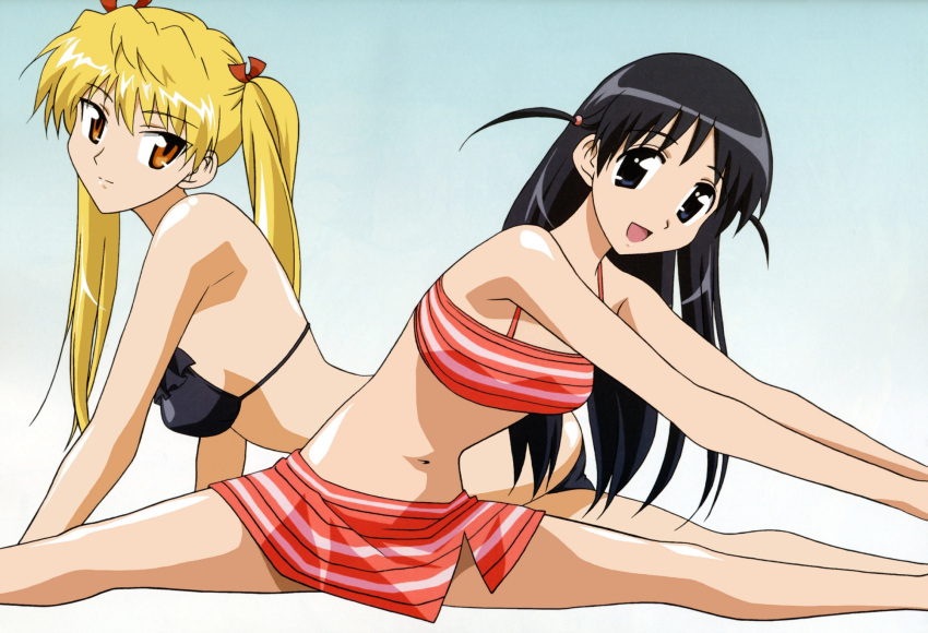 2girls :d arm_support armpits ass bikini bikini_skirt black_bikini black_hair blonde_hair blue_background blue_eyes breasts closed_mouth frilled_bikini frills from_side gradient_background hair_ribbon hair_tie happy highres kanasaki_takaomi leaning_to_the_side legs light_smile looking_at_viewer lying medium_breasts multiple_girls navel official_art open_mouth orange_eyes outstretched_arms parted_bangs red_bikini red_ribbon ribbon sawachika_eri scan school_rumble shiny_skin side_slit smile split straight_hair stretching striped_bikini striped_clothes swimsuit tsukamoto_tenma two_side_up white_background