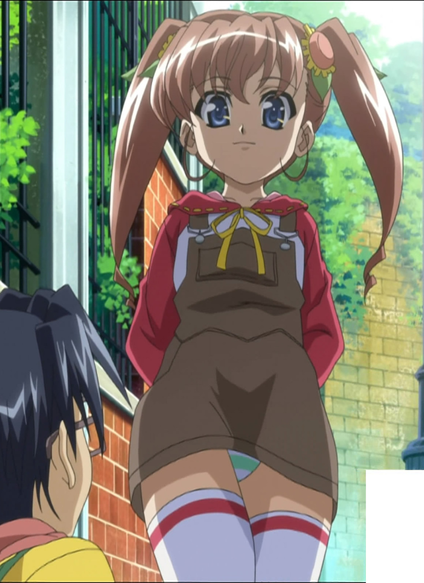 1boy anime_screenshot ayase_yuuto blue_eyes brown_hair female green_panties highres hood hoodie nogizaka_haruka_no_himitsu nogizaka_mika overall_skirt overalls panties pantyshot standing stitched striped_clothes striped_panties thighhighs third-party_edit twintails underwear