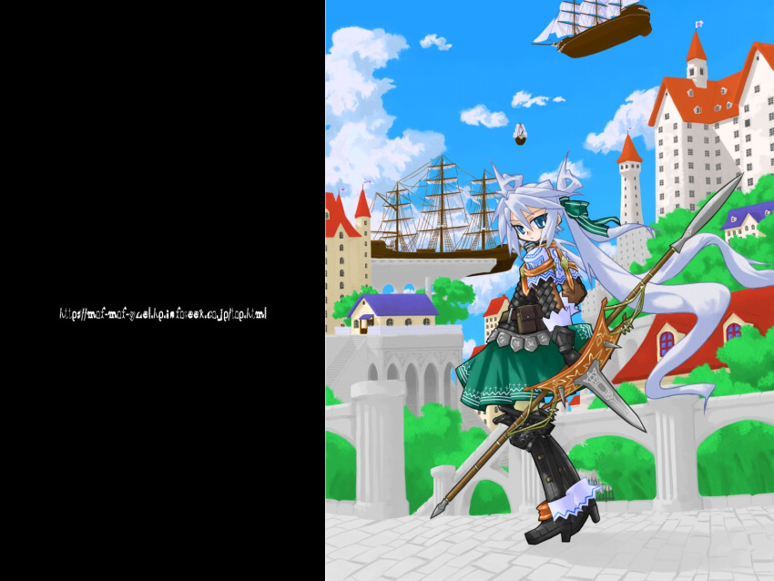 armor blue_eyes blue_hair castle female gloves highres long_hair looking_at_viewer mof mof's_silver_haired_twintailed_girl original outdoors polearm ship solo spear twintails very_long_hair watercraft weapon