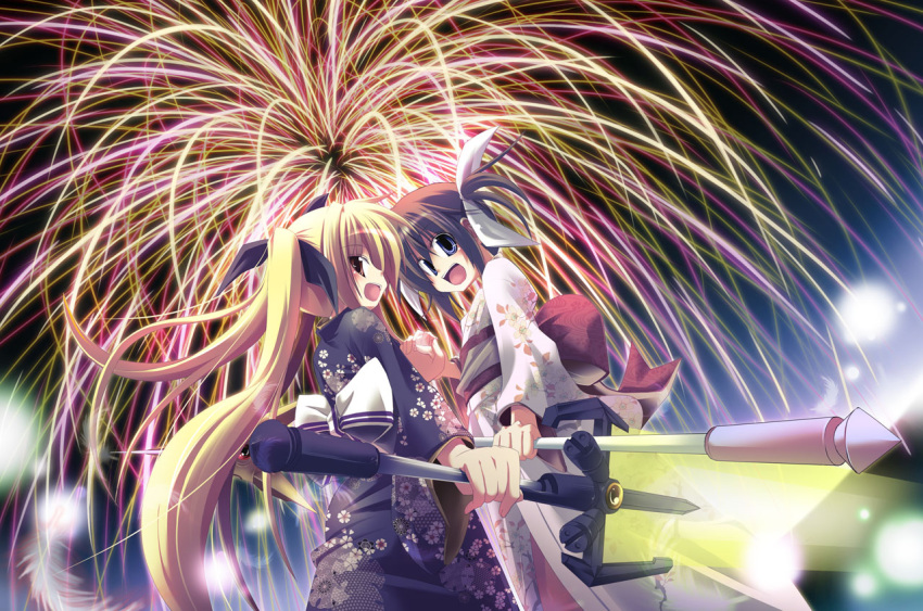 2girls aerial_fireworks bardiche_(nanoha) bardiche_(zanber_form)_(nanoha) blonde_hair commentary_request fate_testarossa fireworks japanese_clothes kazekawa_nagi kimono lyrical_nanoha mahou_shoujo_lyrical_nanoha mahou_shoujo_lyrical_nanoha_a's multiple_girls raising_heart raising_heart_(exelion_mode) takamachi_nanoha yukata