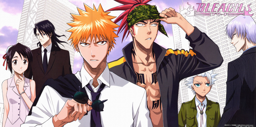 5boys abarai_renji artist_request bandana bare_shoulders black_hair black_jacket blazer bleach closed_eyes collared_shirt copyright_name dress_shirt everyone female highres hinamori_momo hitsugaya_toushirou ichimaru_gin jacket jacket_on_shoulders kuchiki_byakuya kurosaki_ichigo logo multiple_boys necktie non-web_source official_art open_clothes orange_hair parted_lips photoshop_(medium) profile red_hair shirt sleeveless spiked_hair sunglasses unworn_eyewear upper_body weekly_shounen_jump white_hair