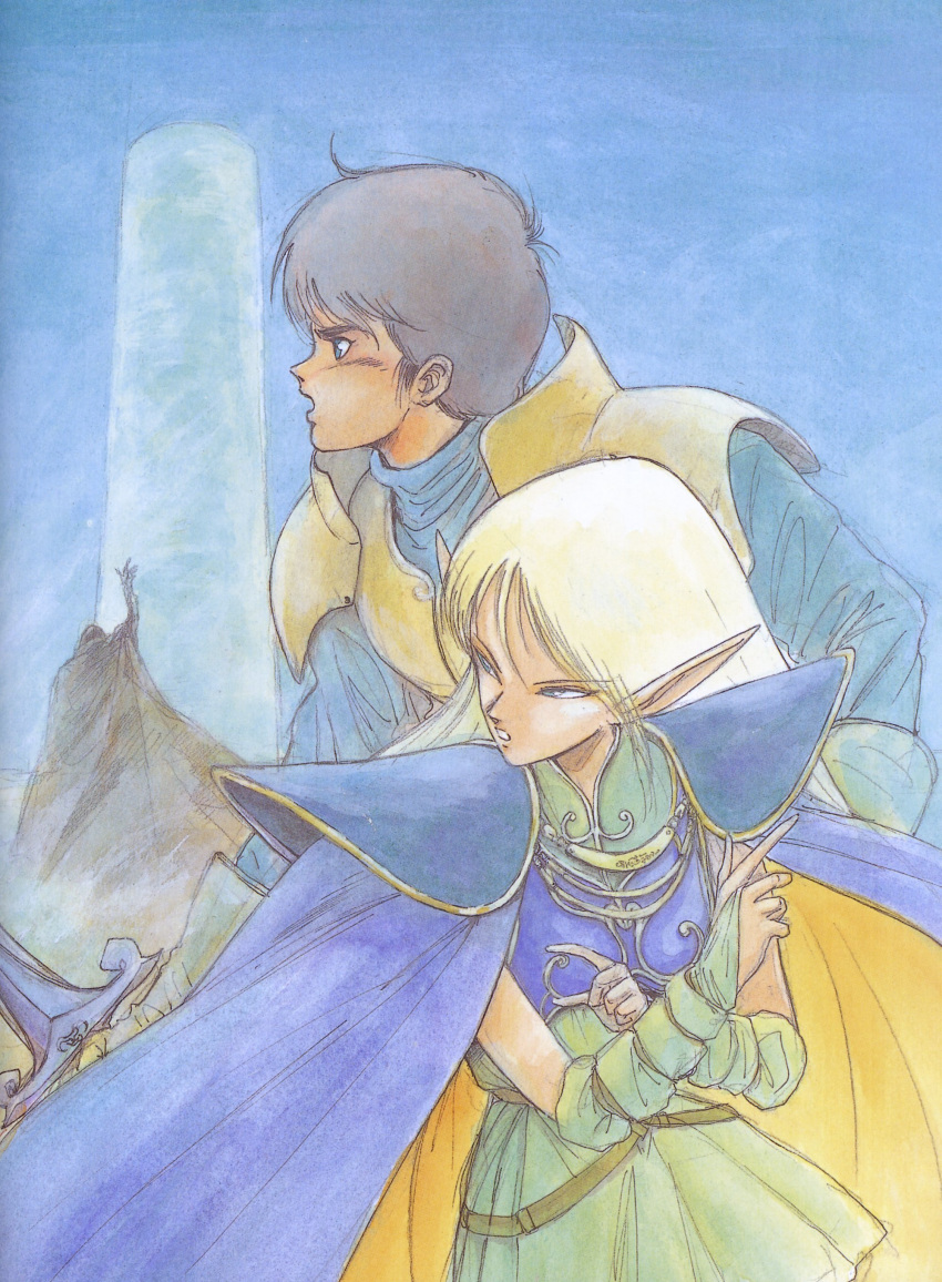 1990s_(style) 1boy absurdres armor artbook blue_cape cape deedlit elf female highres izubuchi_yutaka parn_(lodoss) pointy_ears record_of_lodoss_war retro_artstyle scan sword traditional_media weapon