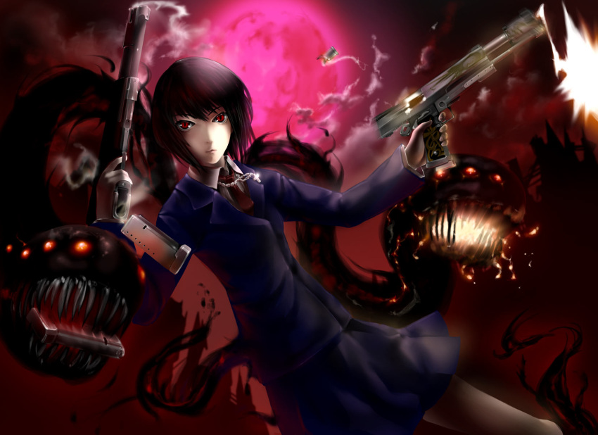 abubu animification bad_link brown_hair casing_ejection cross dual_wielding female gun handgun highres holding image_comics locked_slide magazine_(weapon) magazine_ejection monster moon original parody red_eyes red_moon shell_casing short_hair solo the_darkness the_darkness_(character) weapon