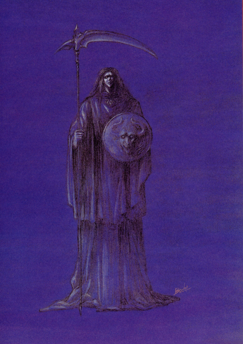 absurdres artbook highres izubuchi_yutaka record_of_lodoss_war robe scan scythe shield solo traditional_media