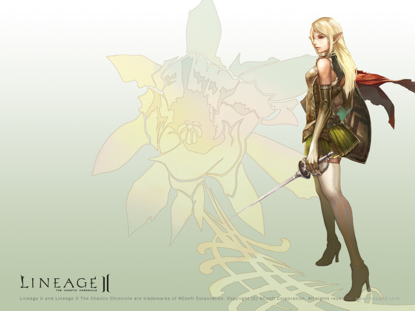 armor artist_request blonde_hair elf elf_(lineage_2) female highres lineage lineage_2 long_hair official_art official_wallpaper pointy_ears rapier shield skirt solo sword thighhighs weapon