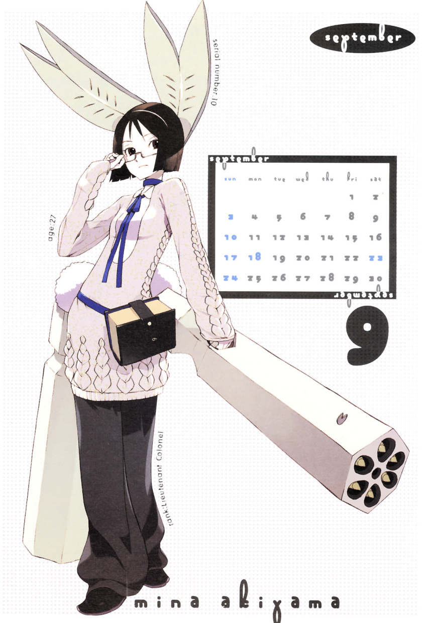 2006 adjusting_eyewear akiyama_mina animal_ears belt black_hair bob_cut brown_eyes calendar_(medium) character_name choker female flat_chest getsumento_heiki_miina glasses gun haibara_minamo hairband highres holding looking_at_viewer magical_girl missile_pod neck_ribbon official_art okama pants photoshop_(medium) polka_dot polka_dot_background rabbit_ears rabbit_tail ribbed_sweater ribbon rocket_launcher scan semi-rimless_eyewear september shirt shoes short_hair solo standing sweater tail weapon