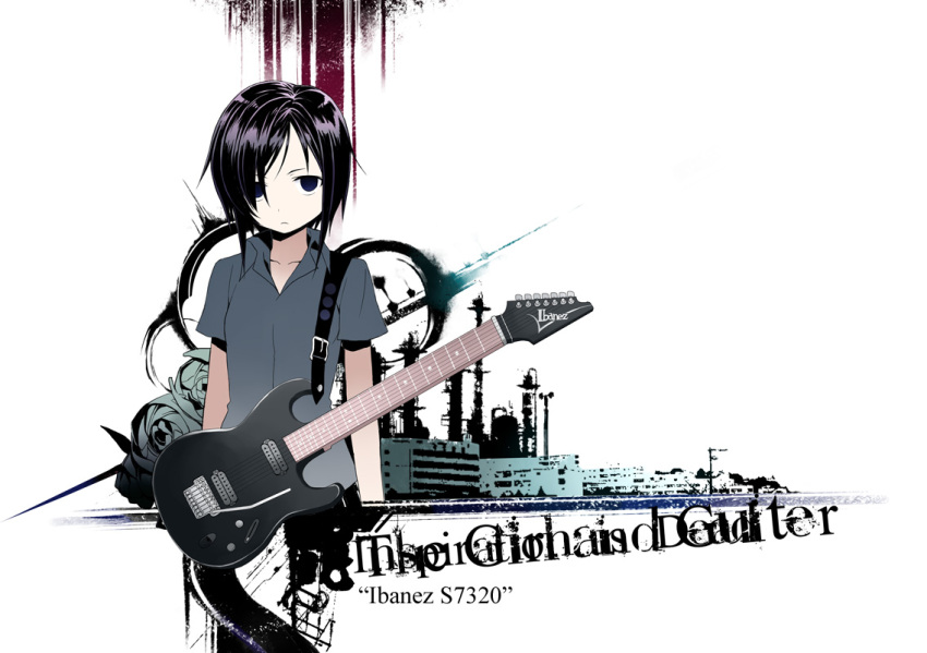 blood buckle closed_mouth cowboy_shot expressionless female guitar hair_over_one_eye ibanez ichikura_(bk) instrument looking_at_viewer original over_shoulder pants shirt short_sleeves simple_background solo standing t-shirt white_background