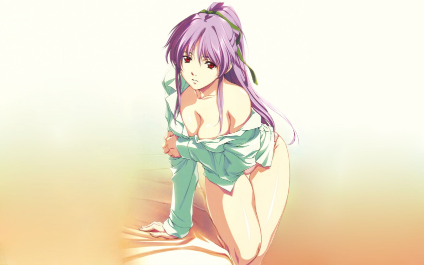 arm_grab arm_support bare_shoulders bed breasts cleavage downblouse dress_shirt female hair_ribbon highres horibe_hiderou indoors isaku large_breasts leaning long_hair no_bra no_pants off_shoulder official_art official_wallpaper panties pink_panties ponytail purple_hair red_eyes ribbon shirt shuusaku solo standing takabe_eri thigh_gap thighs underwear