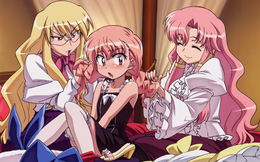 3girls blonde_hair braid cattleya_yvette_la_baume_le_blanc_de_la_fontaine closed_eyes dress-up eleanor_albertine_le_blanc_de_la_blois_de_la_valliere fujii_masahiro glasses imageboard_desourced long_hair louise_francoise_le_blanc_de_la_valliere multiple_girls non-web_source pink_eyes pink_hair slippers thighhighs zero_no_tsukaima