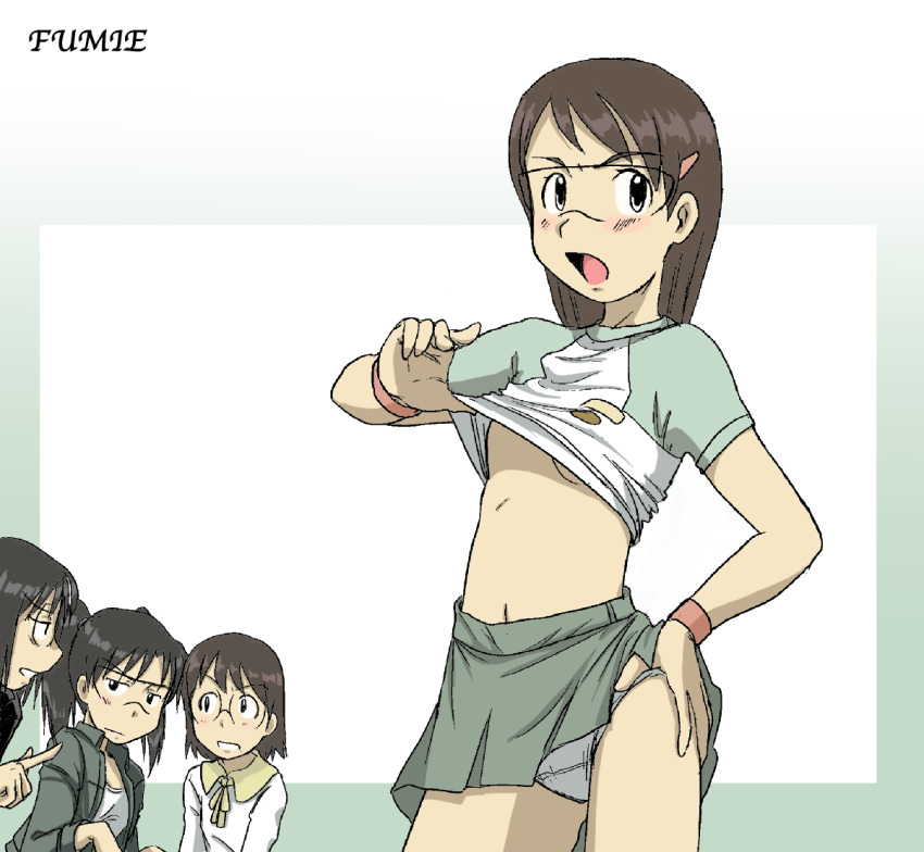 4girls amasawa_yuuko black_hair brown_hair clothes_lift commentary_request dennou_coil glasses harakawa_tamako hashimoto_fumie long_hair multiple_girls no_bra okonogi_yuuko panties raglan_sleeves shirt_lift short_hair skirt takaya_n underwear