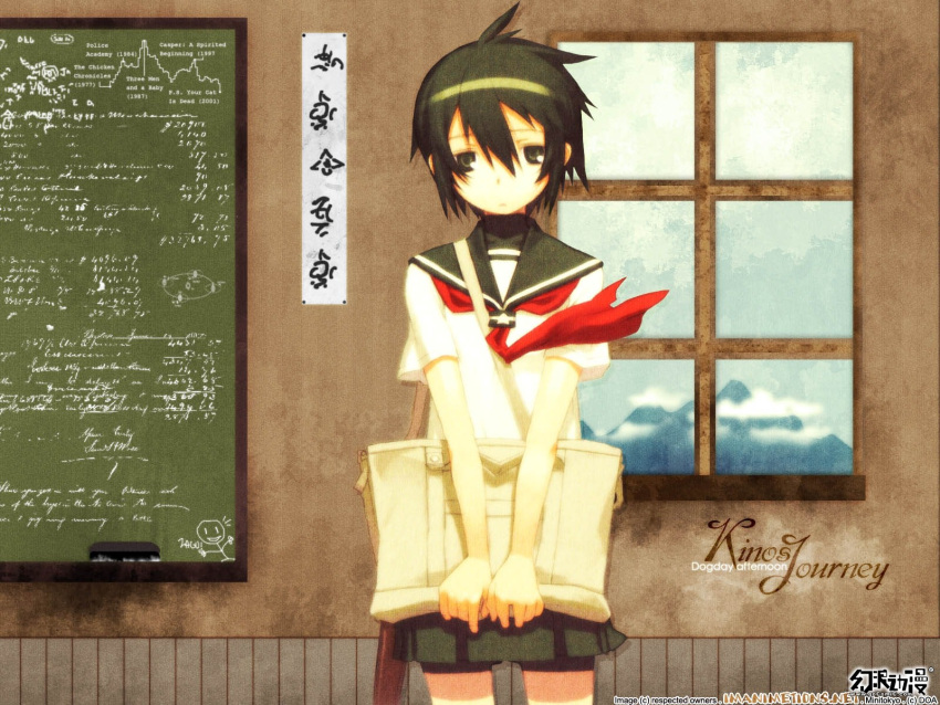 ahoge bag black_skirt brown_eyes brown_hair buruma_under_skirt chalkboard copyright_name cowboy_shot expressionless female gakuen_kino hair_between_eyes highres holding holding_bag imageboard_desourced kino_(kino_no_tabi) kino_no_tabi kuroboshi_kouhaku looking_at_viewer non-web_source school_uniform serafuku shirt short_hair short_sleeves skirt solo standing third-party_edit watermark white_shirt window