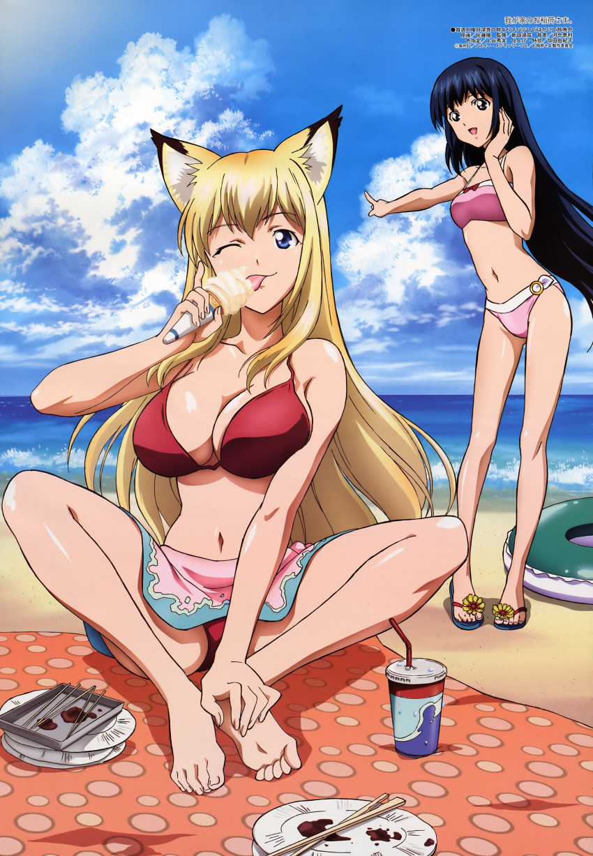 2girls :d ;p absurdres animal_ears apron barefoot beach_towel bikini blonde_hair blue_eyes blue_hair bow breasts breasts_squeezed_together chopsticks cleavage cloud contrapposto cup day drink drinking_straw feet floral_print food fox_ears full_body hand_on_own_cheek hand_on_own_face hand_up happy highres holding holding_food holding_own_foot ice_cream ice_cream_cone index_finger_raised innertube knees_up kou_(wagaya) large_breasts legs licking long_hair looking_at_viewer megami_magazine multiple_girls navel nitta_yasunari ocean official_art one_eye_closed open_mouth outdoors outstretched_arm pink_bikini plate pointing polka_dot red_bikini sandals satou_taka scan shadow shiny_skin sideboob sidelocks sitting sky small_breasts smile soles sports_bikini spread_legs standing swim_ring swimsuit tenko_kuugen toes tongue tongue_out towel very_long_hair wagaya_no_oinari-sama waist_apron water