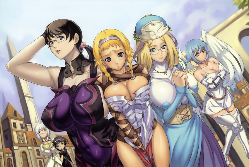 2boys 5girls =_= abs absurdres angel_of_light_nanael asymmetrical_wings black_hair blonde_hair blue_eyes blush bodysuit breast_envy breast_press breasts breasts_squeezed_together cattleya_(queen's_blade) cleavage corset cover cover_page eiwa exiled_warrior_leina fiotiel_shalaklard gainos_priestess_melpha glasses gloves hat highres huge_breasts large_breasts leina_(queen's_blade) lips mature_female melpha_(queen's_blade) multiple_boys multiple_girls nanael_(queen's_blade) queen's_blade rana_(queen's_blade) standing town weapon_merchant_cattleya wings