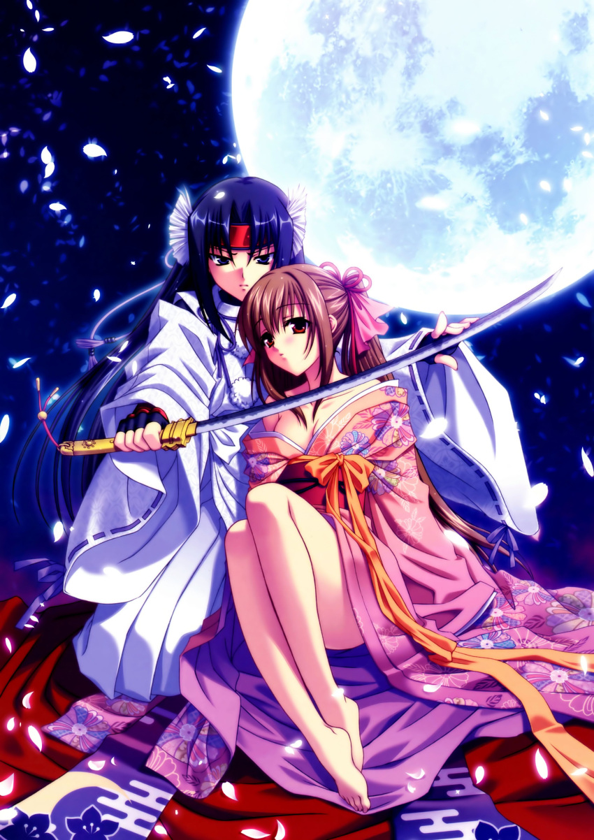 2girls absurdres akai_ito bare_legs bare_shoulders barefoot blue_eyes blue_hair blush breasts brown_hair cleavage collarbone egasumi feet fingerless_gloves floral_print full_moon gloves hatou_kei headband highres japanese_clothes katana kimono legs long_hair looking_at_viewer medium_breasts moon moonlight multiple_girls obi off_shoulder official_art petals ponytail protecting red_eyes ribbon sash senba_uzuki shippou_(pattern) sitting sword undressing weapon wide_sleeves yasaka_minato yuri