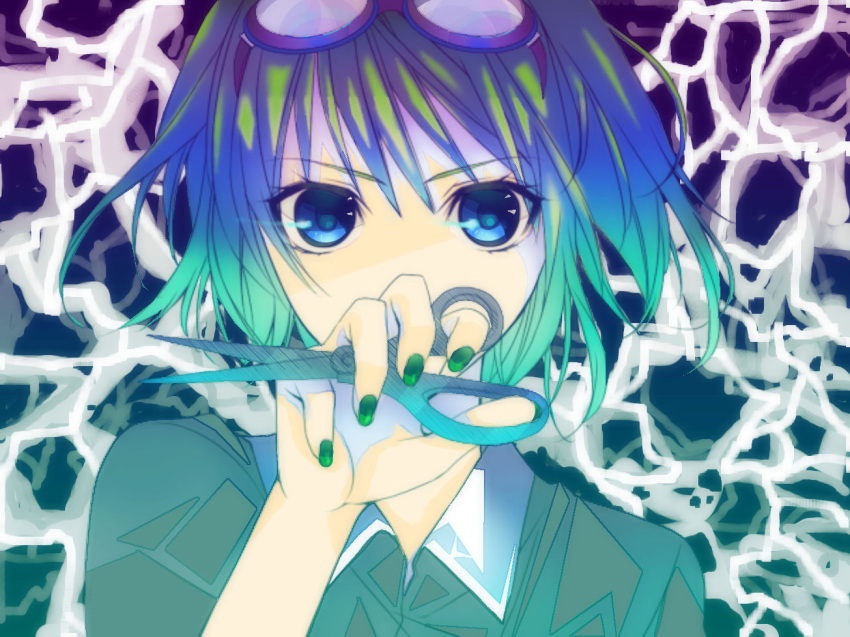 bad_id bad_pixiv_id colorized female goggles goggles_on_head gumi mosaic_roll_(vocaloid) onigiri_tabeyou scissors solo vocaloid