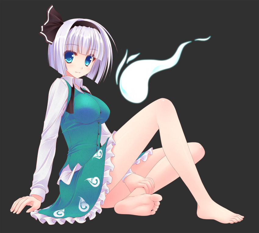 arm_support bare_legs barefoot black_background black_hairband blue_eyes blunt_bangs blush bob_cut breasts closed_mouth commentary_request dress_shirt feet female full_body grey_eyes hairband highres hitodama konpaku_youmu konpaku_youmu_(ghost) leg_grab legs medium_breasts ruton-niki shirt short_hair simple_background sitting skirt smile soles solo toes touhou untied vest white_hair