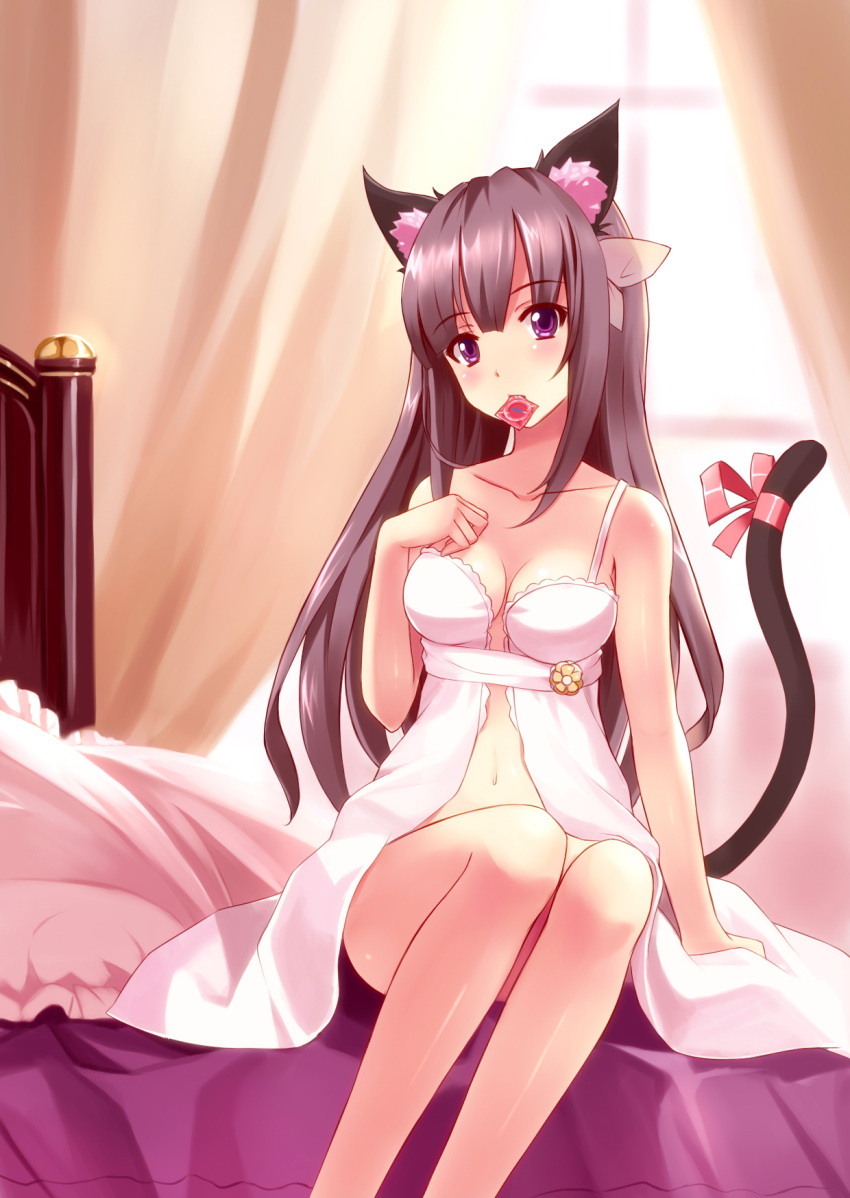 akemi_homura animal_ears bed black_hair breasts cat_ears cat_tail commentary_request condom condom_in_mouth female highres kemonomimi_mode long_hair mahou_shoujo_madoka_magica mahou_shoujo_madoka_magica_(anime) medium_breasts midriff mouth_hold navel nightgown no_bra no_panties photoshop_(medium) pillow purple_eyes ribbon sitting solo tail tail_ornament tail_ribbon yuj_(moemarket)