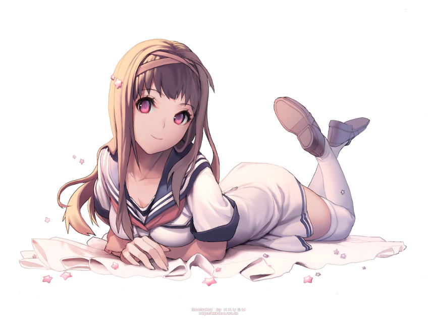 brown_hair copyright_request dress female hair_ornament hair_ribbon hairband kkuem legs_up long_hair looking_at_viewer lying on_stomach photoshop_(medium) purple_eyes red_eyes ribbon sailor_dress school_uniform serafuku smile solo the_pose thighhighs uniform white_thighhighs zettai_ryouiki