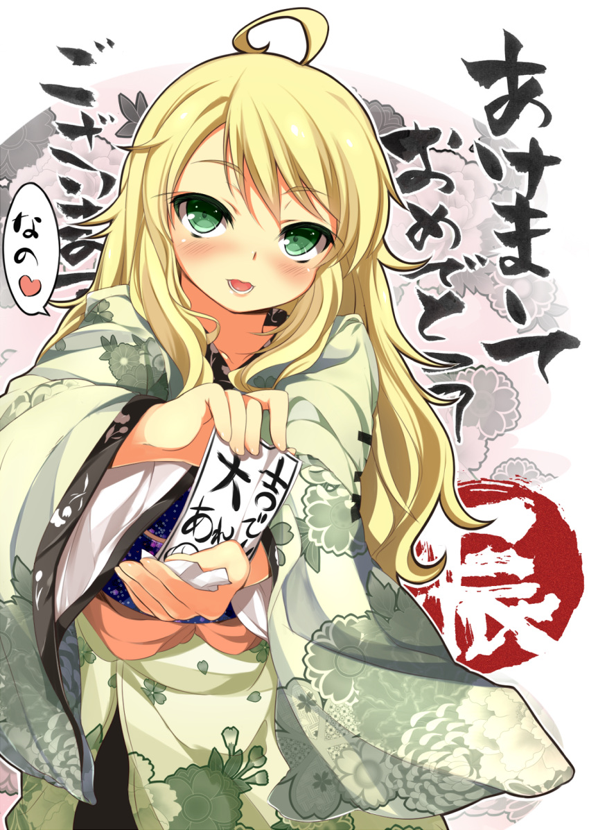 ahoge akeome bad_id bad_pixiv_id blonde_hair blush female green_eyes happy_new_year highres hoshii_miki idolmaster idolmaster_(classic) japanese_clothes long_hair new_year nishimuku_meri open_mouth smile solo