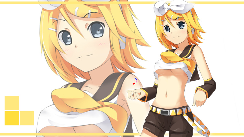 arm_warmers bad_id bad_pixiv_id black_shorts blonde_hair blue_eyes breasts female hair_ornament hair_ribbon hairclip highres kagamine_rin looking_at_viewer midriff musical_note navel photoshop_(medium) ribbon short_hair shorts small_breasts smile solo underboob vocaloid yakitori_(oni) zoom_layer