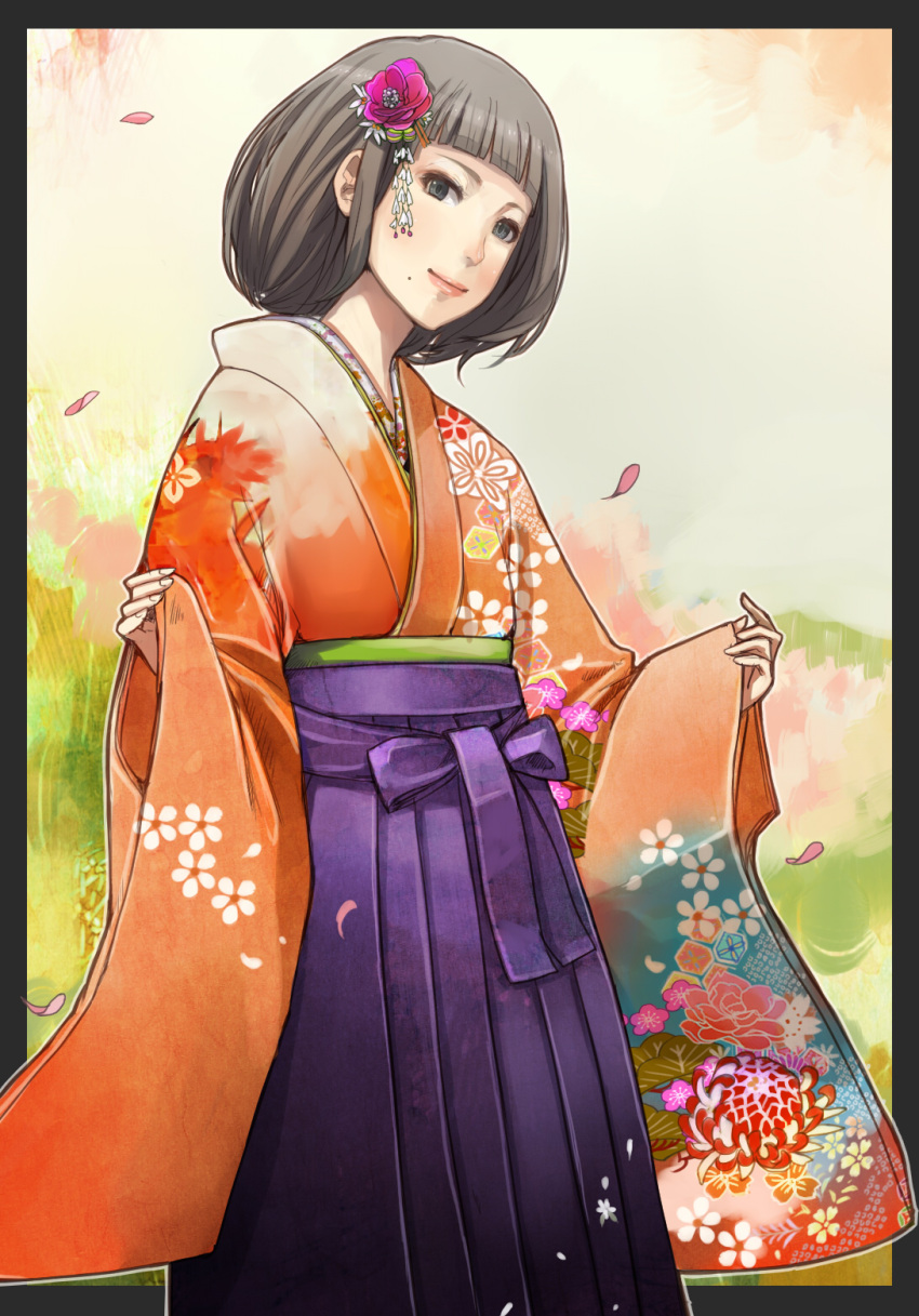 black_hair blunt_bangs border commentary_request female floral_print flower furisode hair_flower hair_ornament hakama hakama_skirt highres japanese_clothes kimono light_smile looking_at_viewer new_year orange_kimono original petals purple_hakama shigureteki short_hair skirt sleeves_past_wrists solo wide_sleeves